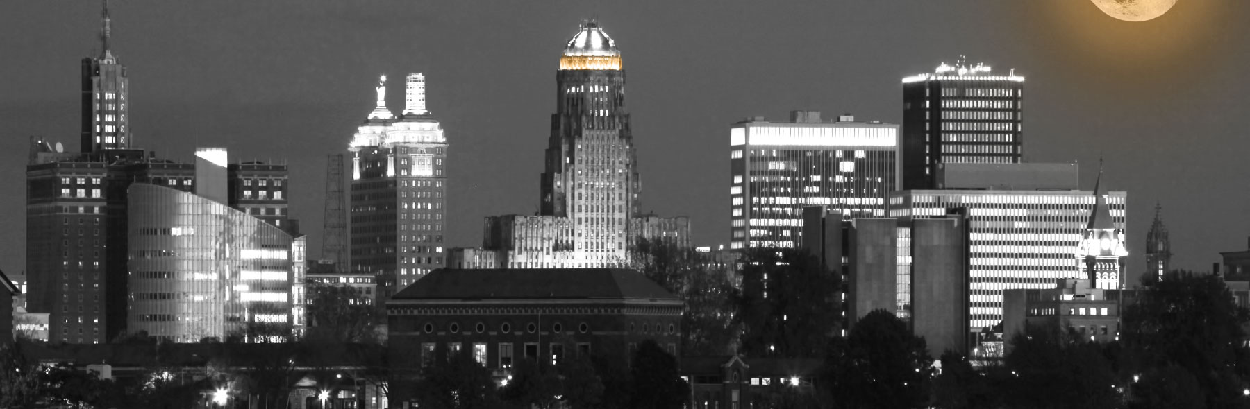 About Us Header Image of Buffalo Skyline with moon